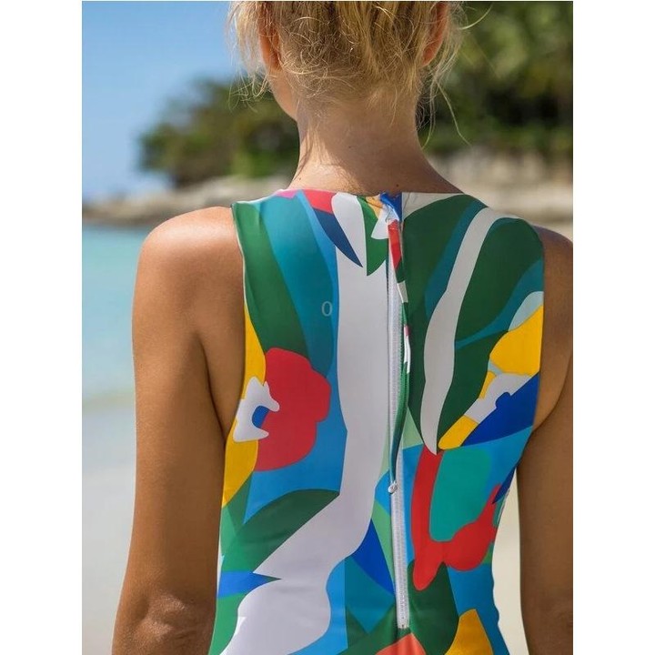Summer Tropical Plant Printed One Piece Bikini Swimsuit, Size:L(Green)