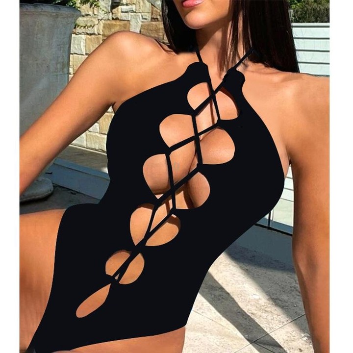 Hollow Strap Ties Sexy Tight One Piece Bikini Swimsuit, Size:M(Black)