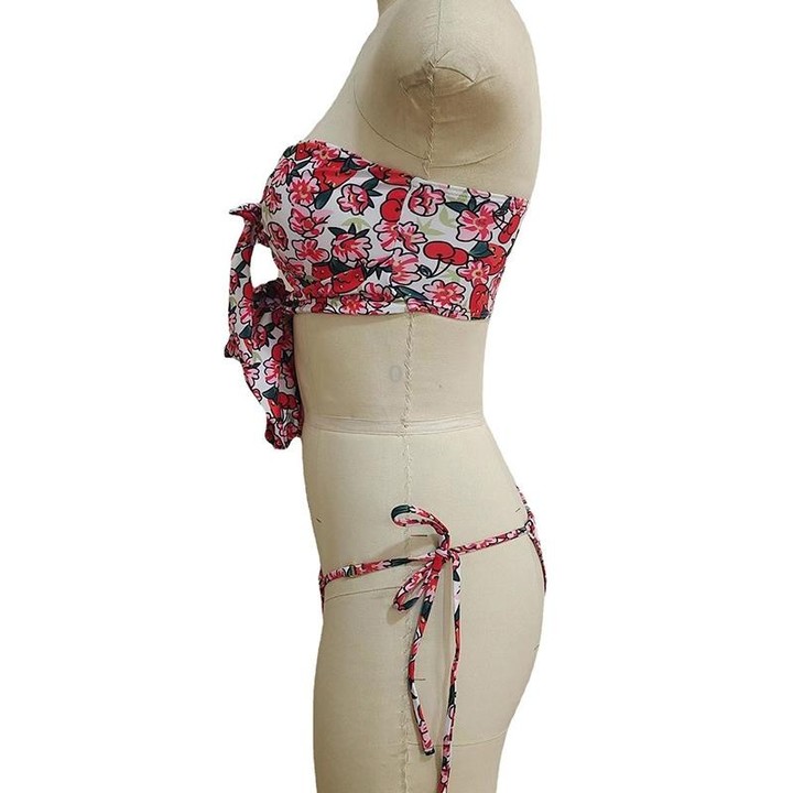Sexy Strap Ties Thong Backless Two Piece Bikini Swimsuit, Size:S(Red)