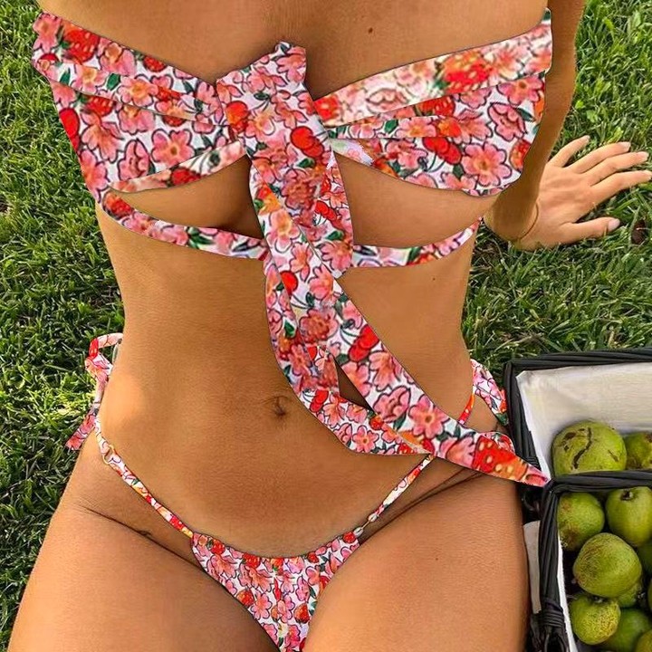 Sexy Strap Ties Thong Backless Two Piece Bikini Swimsuit, Size:S(Red)