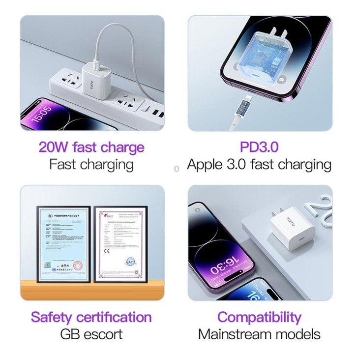 TOTU PD 20W Type-C Port Charger with Type-C to 8 Pin Data Cable Set, Specification:EU Plug(White)