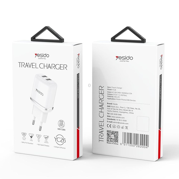 Yesido YC-26 USB Dual Ports Travel Charger(EU Plug)
