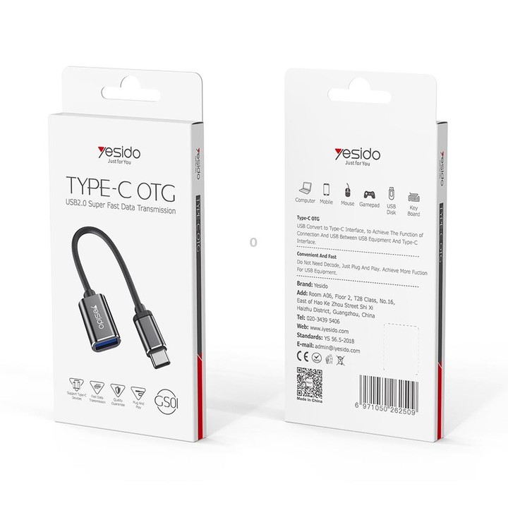 Yesido GS01 Type-C to USB 2.0 OTG Data Converter Cable(Black)