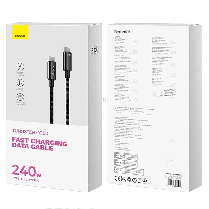 Baseus Tungsten Gold Series 240W Type-C to Type-C Fast Charging Data Cable, Length:3m(Black)