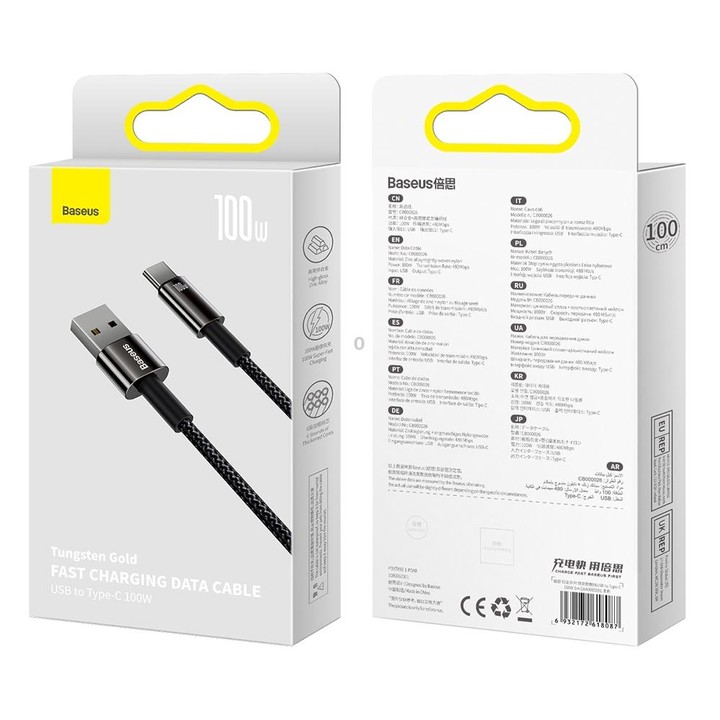 Baseus Tungsten Gold Series 100W USB to USB-C / Type-C Fast Charging Data Cable, Length:1m(Black)