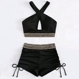 Woman Sexy Solid Color High Waist Two Piece Bikini Swimsuit, Size:S(Style 3)