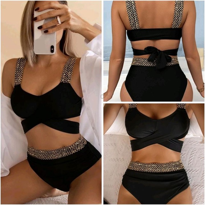 Woman Sexy Solid Color High Waist Two Piece Bikini Swimsuit, Size:L(Style 1)