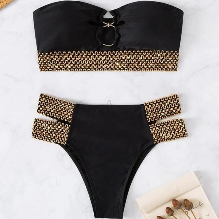 Woman Sexy Solid Color High Waist Two Piece Bikini Swimsuit, Size:S(Black)