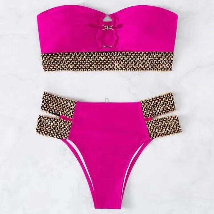Woman Sexy Solid Color High Waist Two Piece Bikini Swimsuit, Size:S(Rose Red)