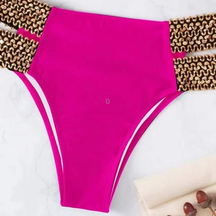Woman Sexy Solid Color High Waist Two Piece Bikini Swimsuit, Size:M(Rose Red)