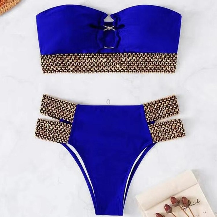Woman Sexy Solid Color High Waist Two Piece Bikini Swimsuit, Size:XL(Blue)