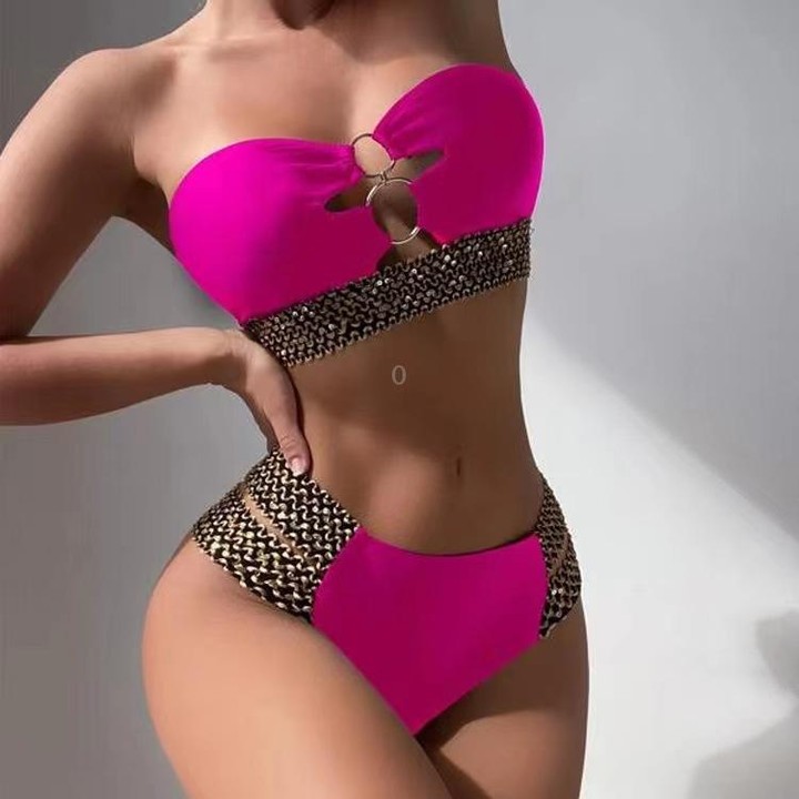 Woman Sexy Solid Color High Waist Two Piece Bikini Swimsuit, Size:XL(Rose Red)
