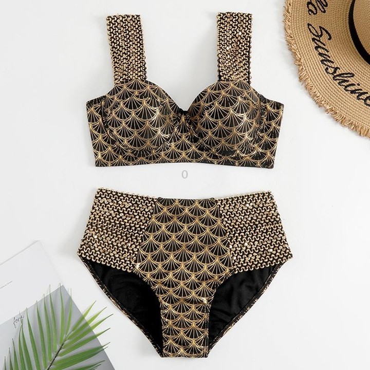 Woman Sexy Gilding High Waist Two Piece Bikini Swimsuit, Size:XL(As Show)