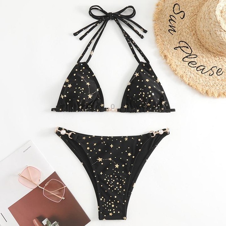 Woman Sexy Star Gilding Two Piece Bikini Swimsuit, Size:S(Black)