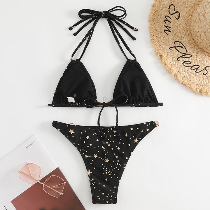 Woman Sexy Star Gilding Two Piece Bikini Swimsuit, Size:L(Black)