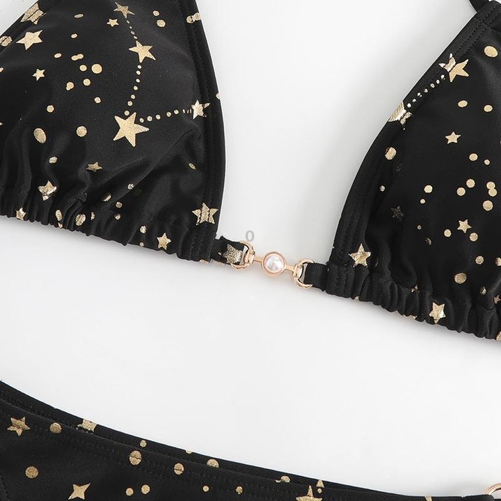 Woman Sexy Star Gilding Two Piece Bikini Swimsuit, Size:L(Black)