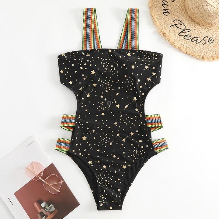 Woman Sexy Star Gilding One Piece Bikini Swimsuit, Size:L(Black)