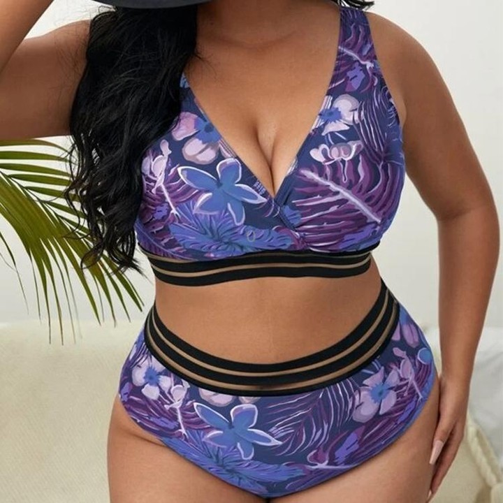 Plus-size Sexy Printed High Waist Two Piece Bikini Swimsuit, Size:L(Purple)