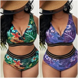 Plus-size Sexy Printed High Waist Two Piece Bikini Swimsuit, Size:XL(Purple)