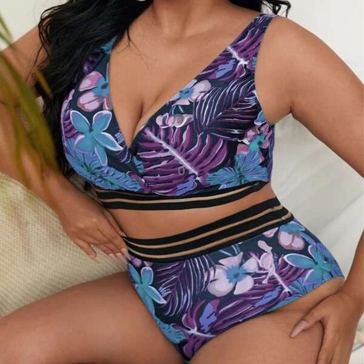 Plus-size Sexy Printed High Waist Two Piece Bikini Swimsuit, Size:XL(Purple)