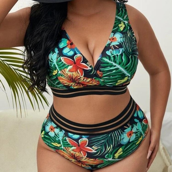 Plus-size Sexy Printed High Waist Two Piece Bikini Swimsuit, Size:XL(Green)