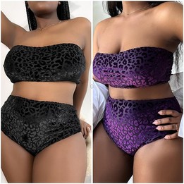 Plus-size Sexy Leopard Print High Waist Two Piece Bikini Swimsuit, Size:XL(Black)