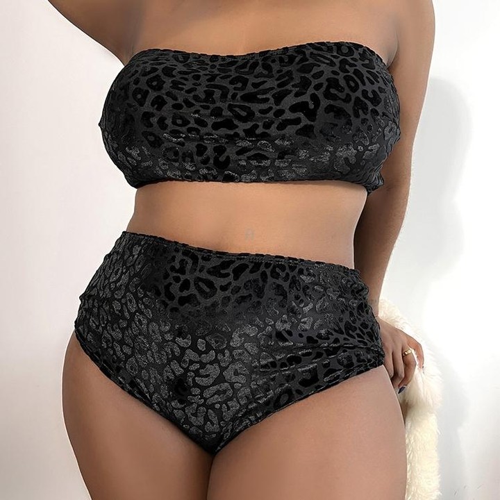 Plus-size Sexy Leopard Print High Waist Two Piece Bikini Swimsuit, Size:XL(Black)
