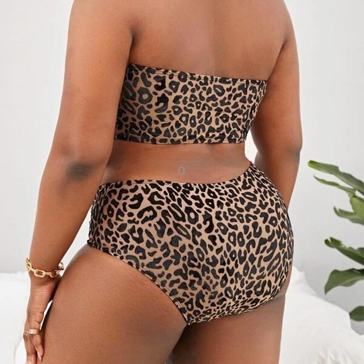 Plus-size Sexy Leopard Print High Waist Two Piece Bikini Swimsuit, Size:XL(Purple)