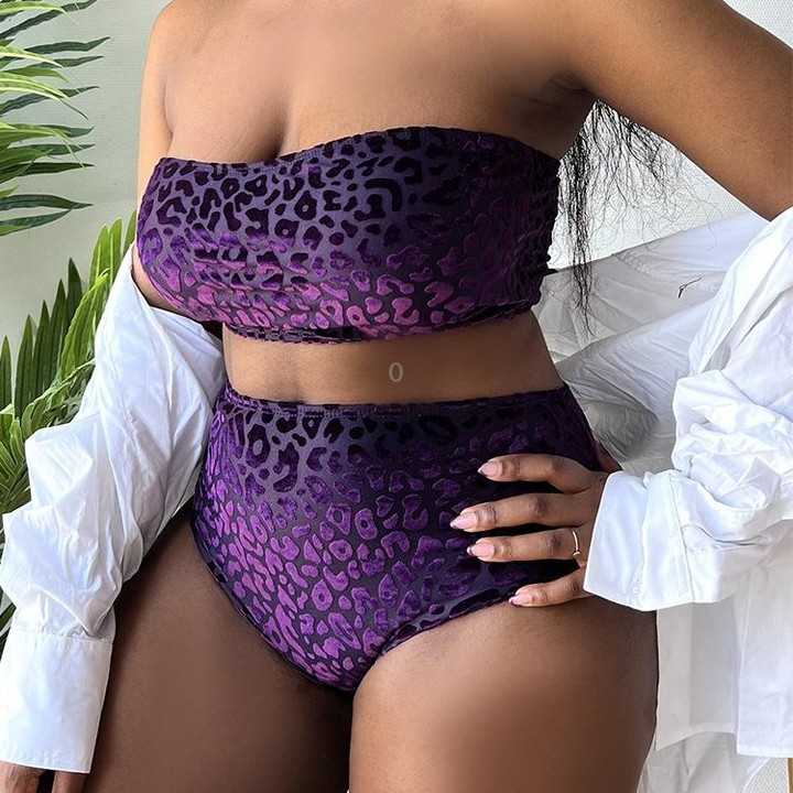 Plus-size Sexy Leopard Print High Waist Two Piece Bikini Swimsuit, Size:XXL(Purple)