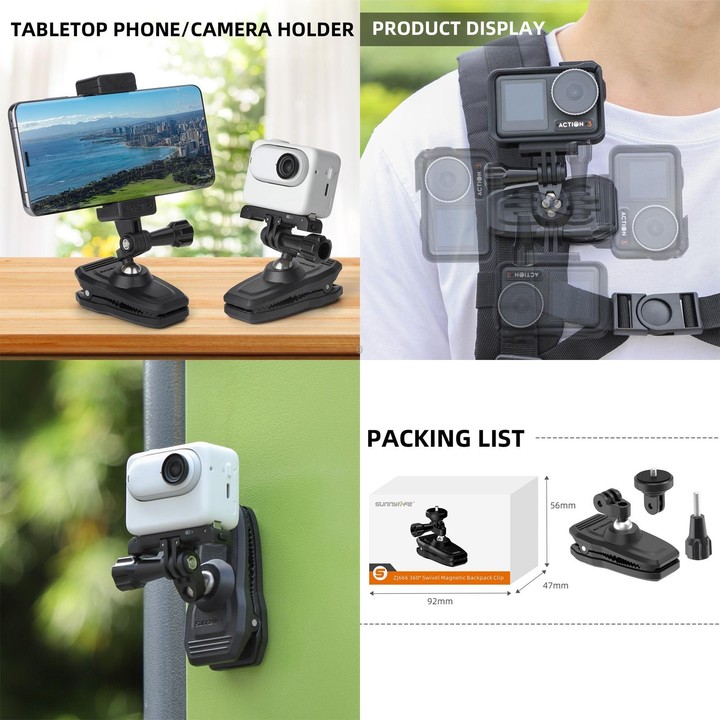 Sunnylife 360 Degree Rotation Swivel Backpack Clip Magnetic Suction Action Camera Mount(Black)