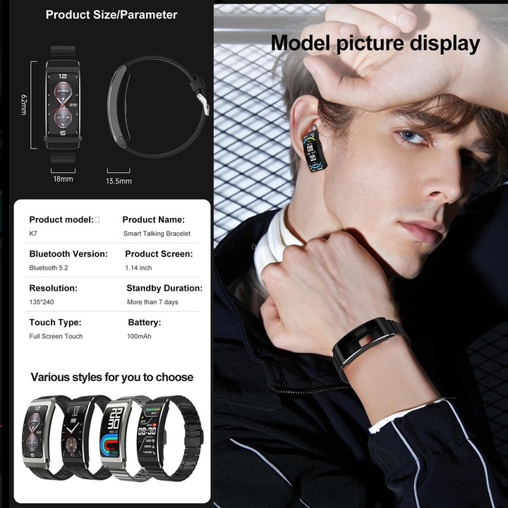K7 1.14 inch TFT Screen Smart Call Bracelet, BT Call / Heart Rate / Blood Pressure / Blood Oxygen, Strap:Leather Strap(Tarnish)