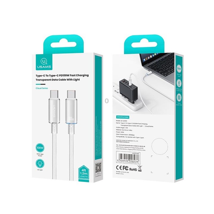 USAMS Type-C To Type-C Aluminum Alloy Clear LED 100W Fast Charge Data Cable, Length:1.2m(White)