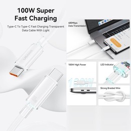 USAMS Type-C To Type-C Aluminum Alloy Clear LED 100W Fast Charge Data Cable, Length:1.2m(White)