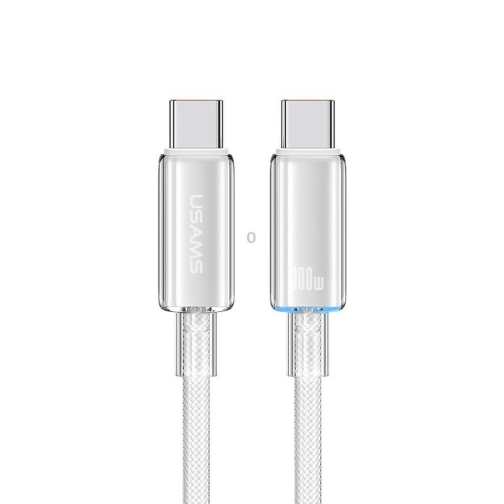 USAMS Type-C To Type-C Aluminum Alloy Clear LED 100W Fast Charge Data Cable, Length:1.2m(White)