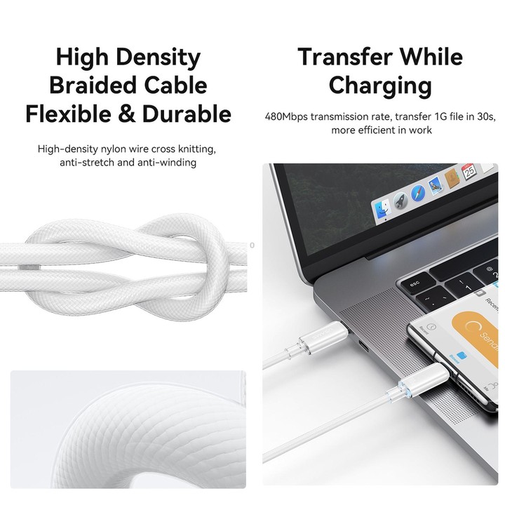 USAMS Type-C To Type-C Aluminum Alloy Clear LED 100W Fast Charge Data Cable, Length:1.2m(White)
