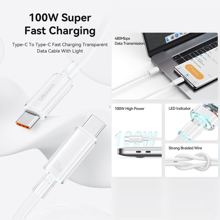 USAMS Type-C To Type-C Aluminum Alloy Clear LED 100W Fast Charge Data Cable, Length:1.2m(Black)