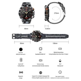 K59 IP67 BT5.0 1.43inch Smart Watch Support Voice Call / Sleep Detection(Camo Green)