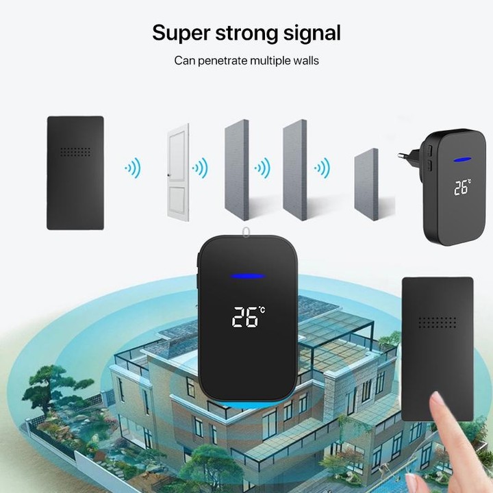 C302B One to One Home Wireless Doorbell Temperature Digital Display Remote Control Elderly Pager, US Plug(Black)