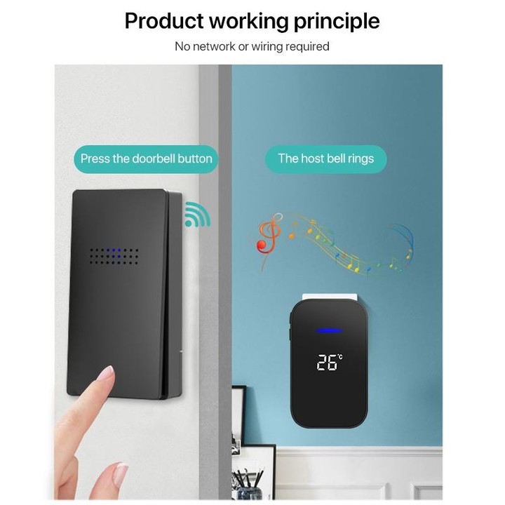 C302B One to One Home Wireless Doorbell Temperature Digital Display Remote Control Elderly Pager, UK Plug(Black)