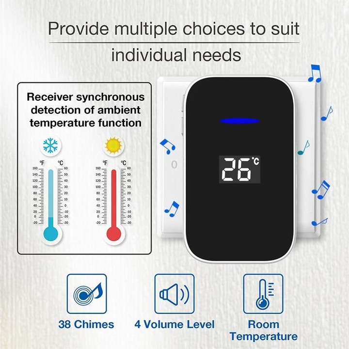 C302B One to Two Home Wireless Doorbell Temperature Digital Display Remote Control Elderly Pager, US Plug(White)