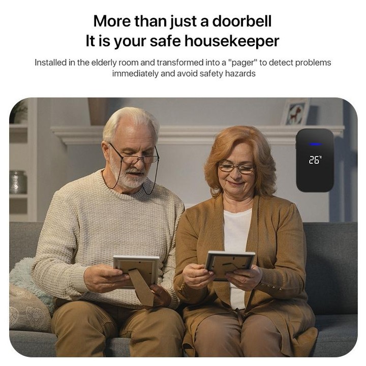 C302B One to Two Home Wireless Doorbell Temperature Digital Display Remote Control Elderly Pager, EU Plug(Black)