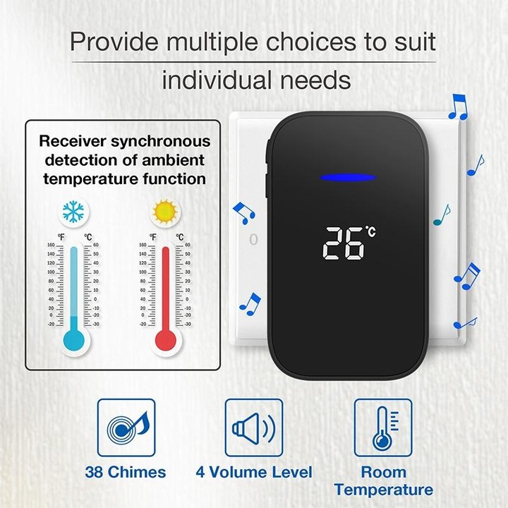 C302B One to Two Home Wireless Doorbell Temperature Digital Display Remote Control Elderly Pager, EU Plug(Black)