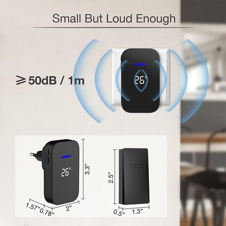 C302B One to Two Home Wireless Doorbell Temperature Digital Display Remote Control Elderly Pager, EU Plug(Black)