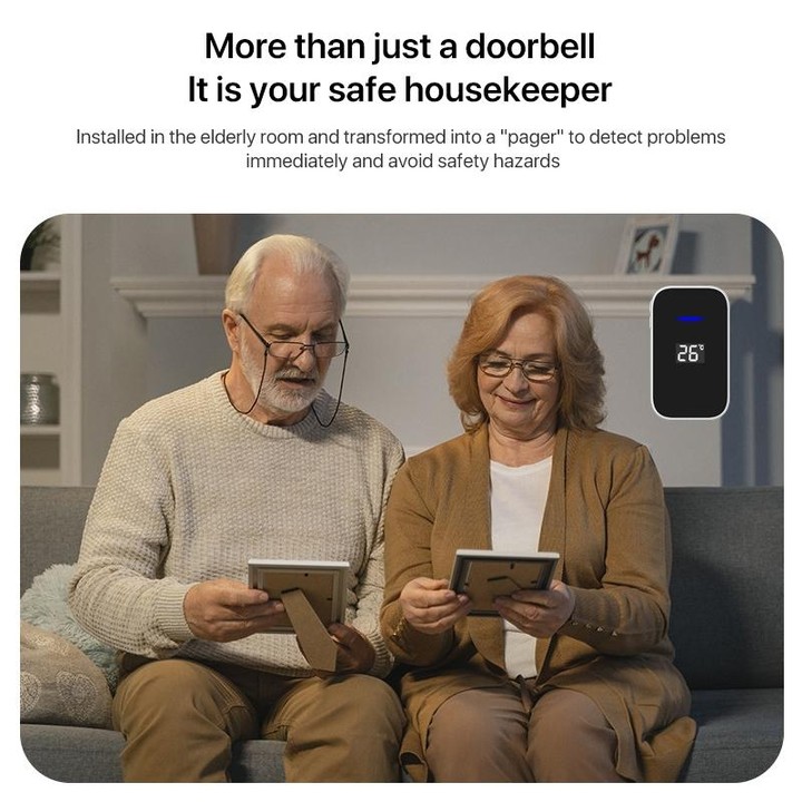 C302B One to Two Home Wireless Doorbell Temperature Digital Display Remote Control Elderly Pager, UK Plug(White)