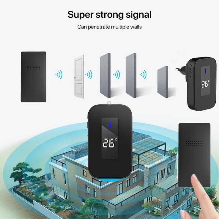 C303B One to One Home Wireless Doorbell Temperature Digital Display Remote Control Elderly Pager, US Plug(Black)