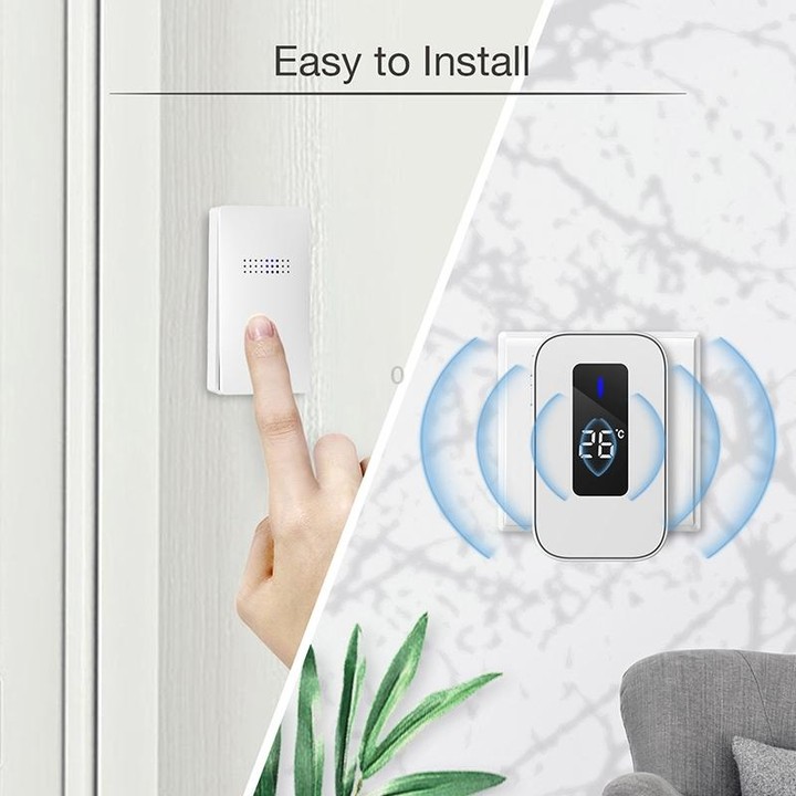 C303B One to Two Home Wireless Doorbell Temperature Digital Display Remote Control Elderly Pager, UK Plug(White)