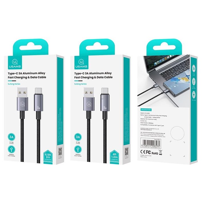 USAMS US-SJ666 USB To Type-C 3A Fast Charge Data Cable, Length: 2m(Black)