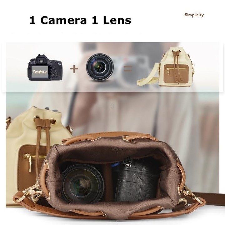 Cwatcun D82 Bundle Drawstring Lens Bag PU Crossbody Camera Bag(Coffee)