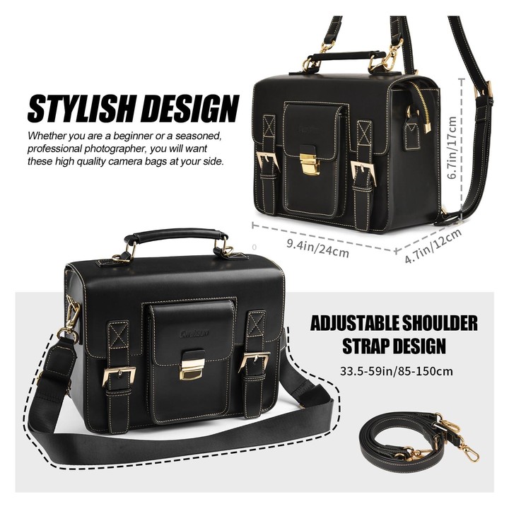 Cwatcun D83 Vintage Small Camera Case Leather Camera Messenger Bag, Size:24 x 17 x 12cm(Black)