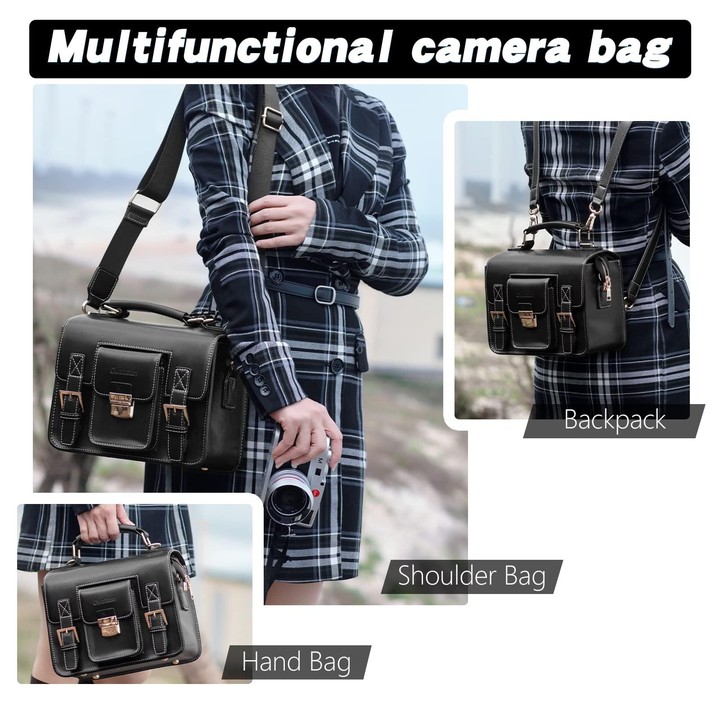 Cwatcun D83 Vintage Small Camera Case Leather Camera Messenger Bag, Size:24 x 17 x 12cm(Black)